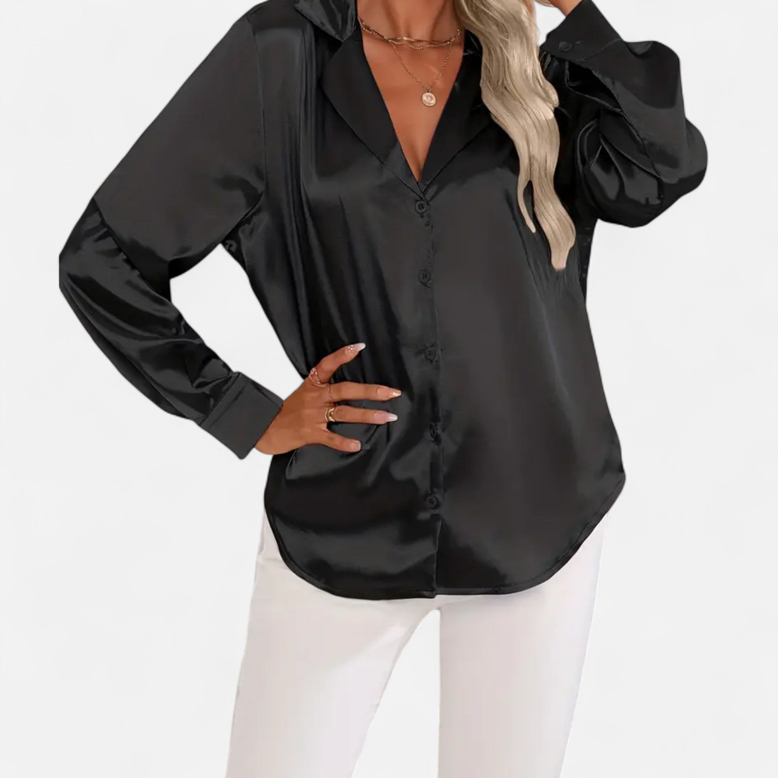 Lazaro Mode | Blusa Satinada de Mujer con Solapa, Botones y Manga Larga – Sofisticación Contemporánea