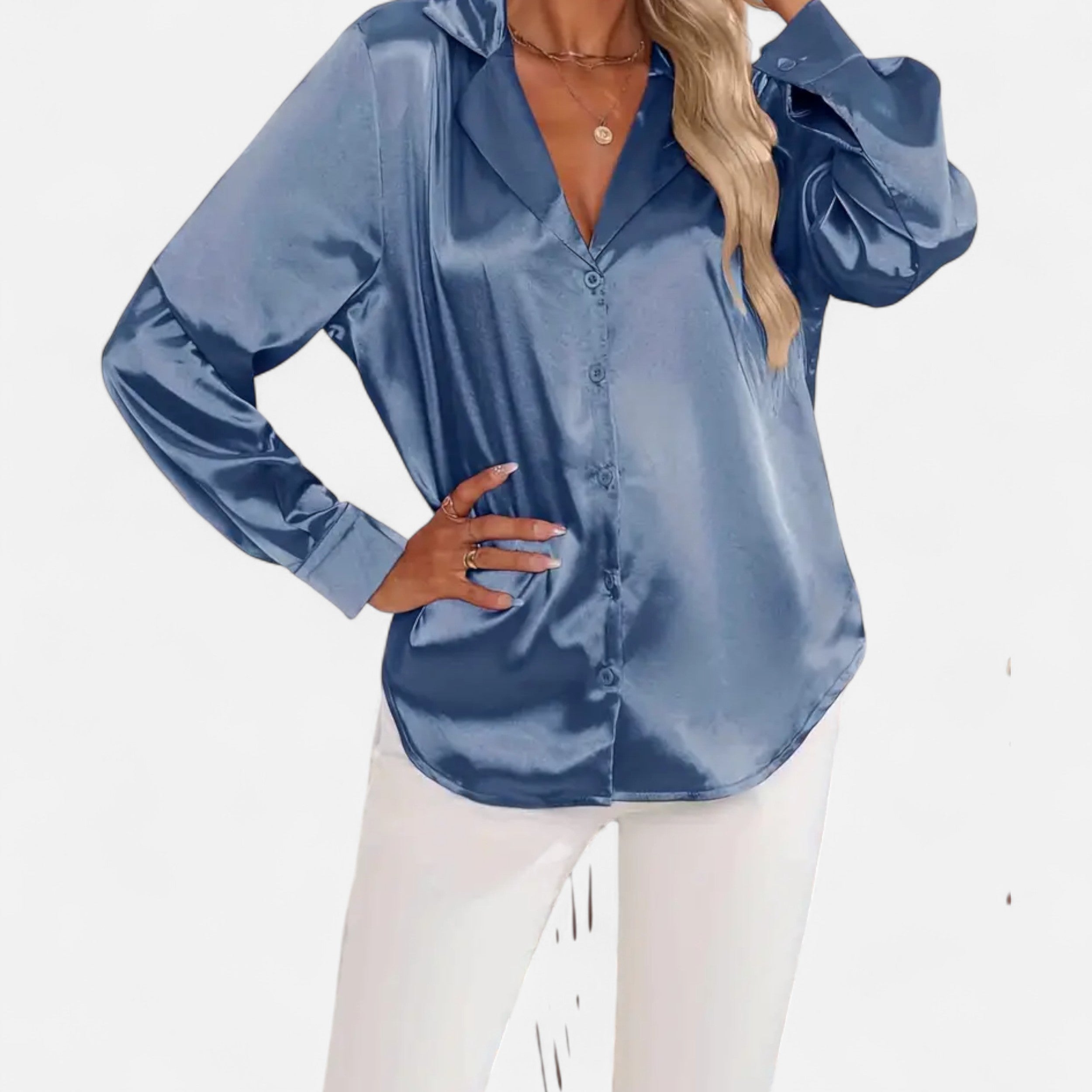 Lazaro Mode | Blusa Satinada de Mujer con Solapa, Botones y Manga Larga – Sofisticación Contemporánea