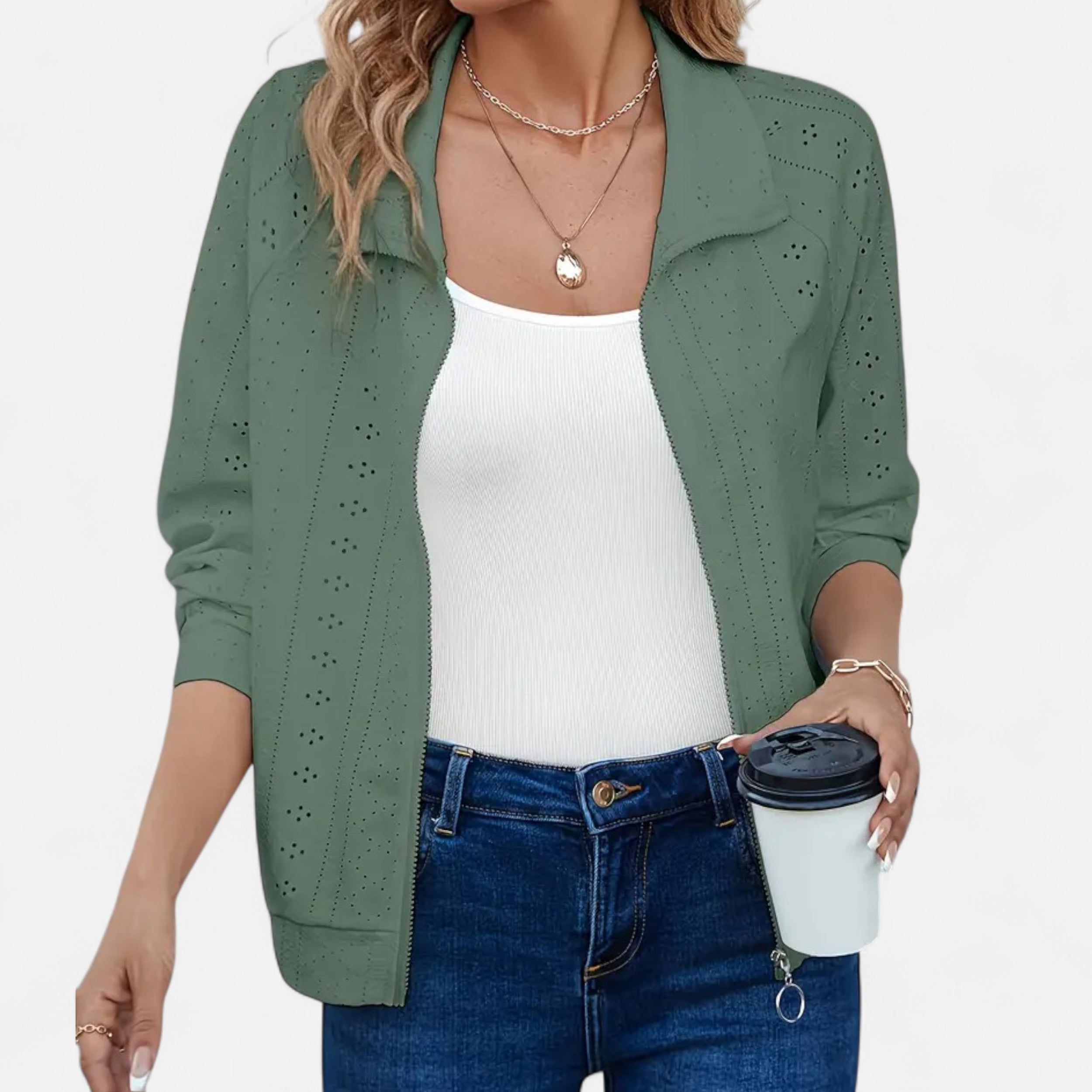 Lazaro Mode | Cárdigan de Mujer con Cremallera y Detalles Calados – Elegancia Contemporánea
